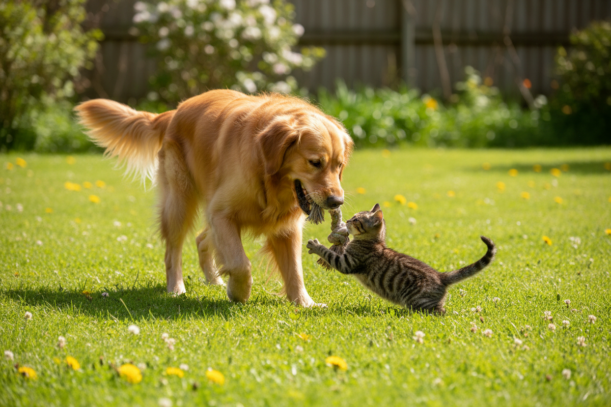 Dog and kitten playing outdoors