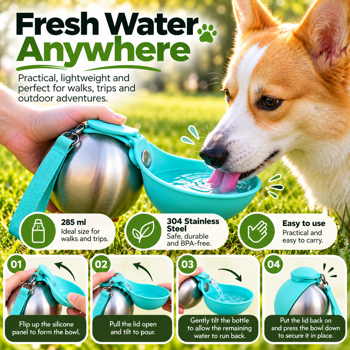 EcoPet: Portable Water Bottle with Foldable Bowl – Perfect for Walks