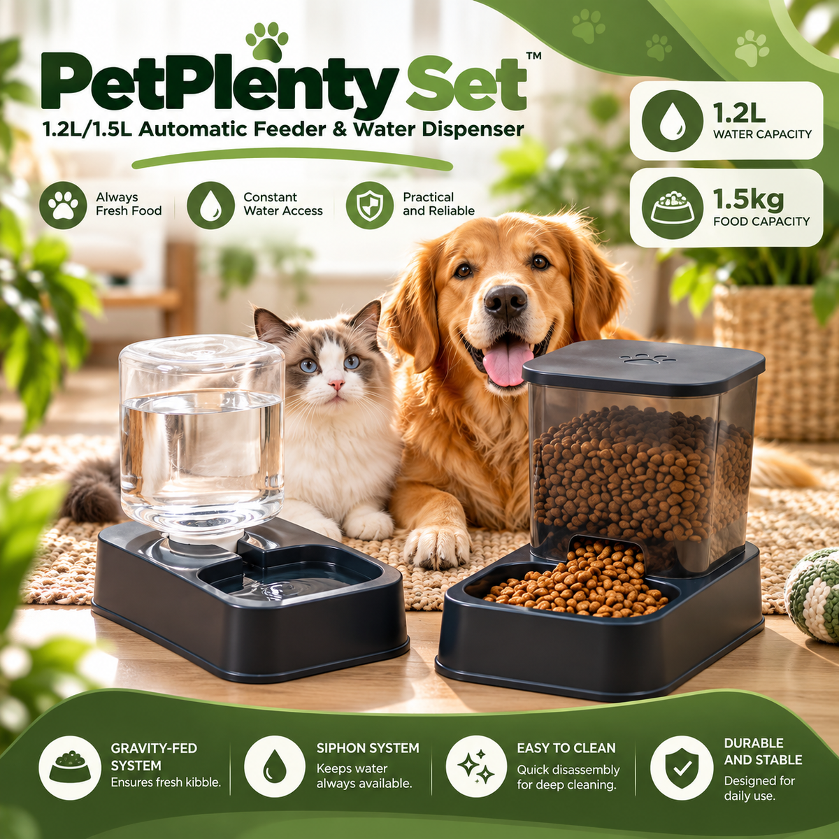 PetPlenty Set: 1.2L/1.5L Automatic Feeder & Water Dispenser