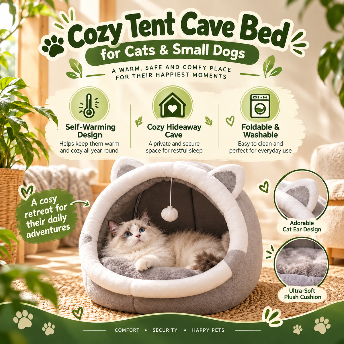 Cozy Tent Cave Bed for Cats & Small Dogs